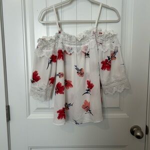 A. Byer White Floral Lace Trim Blouse